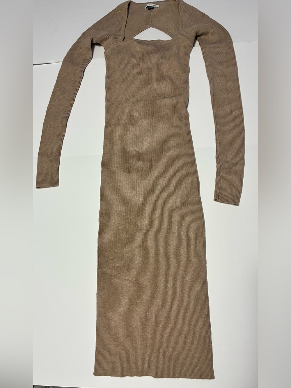 American Eagle Taupe Ribbed Cutout Long Sleeve Bodycon Maxi Dress S